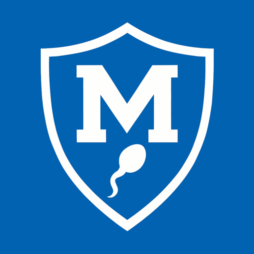 MotileMen logo featuring a bold white M and sperm icon on a blue shield background, representing male fertility and strength